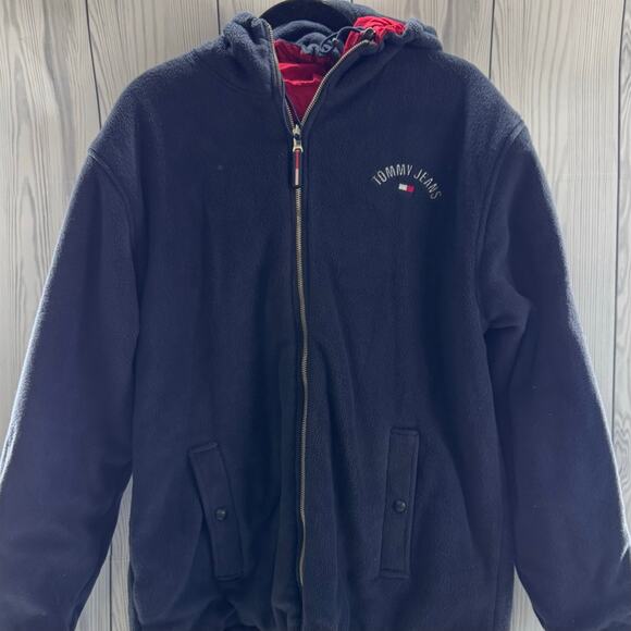 Vintage Tommy Hilfiger Mens Jacket Reversible Fleece Size Med Y2K Spell out Hood - Picture 3 of 11